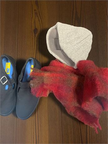 Keds Ahh T-Strap Shoes, Red/Brown Heathered Wool Scarf, Lined Knit Hat