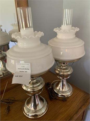 Electric Hurricane Lamp - Brass Finish & White Milk Glass Shade - Lot of 2
