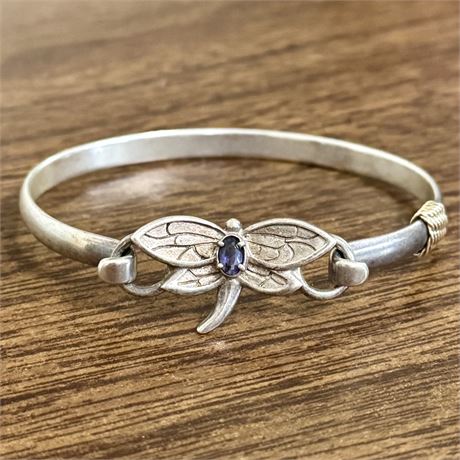 Sterling Silver 925 Dragonfly Bangle Bracelet w/ 14k Gold Accent - 13.42g