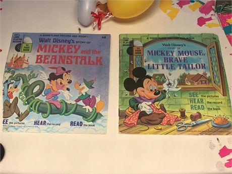 Disney Children's Read Along Record Books Mickey & Beanstalk and Brave Tailor
