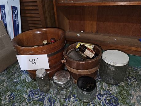 Vintage Wood Buckets with Mixed Antique Bottles & Jars