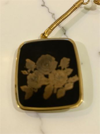Vintage Black & Gold Tone Sankyo Mini Music Box Keychain W/Floral Design