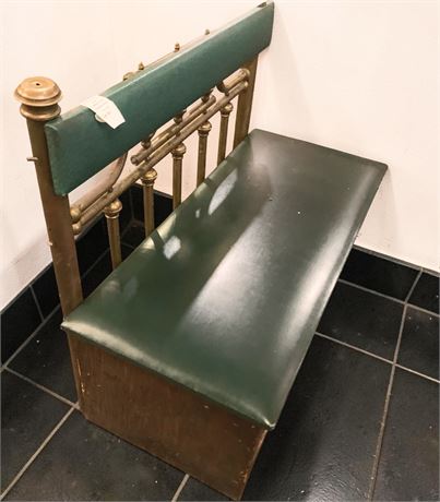 Green Vinyl Restaurant Bench W/Wood Base & Brass Back