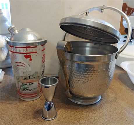 MCM Vintage NASCO 1950's Hammered Aluminum Ice Bucket w/Cocktail Supplies