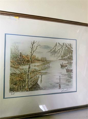 Vintage LE Framed Lithograph Landscape Bridge Print By Artist Frank Kaszas