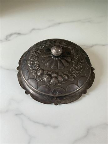 Vintage Metal Sugar Bowl W/Lid Embossed W/Fruit & Vine Pattern & Round Knob