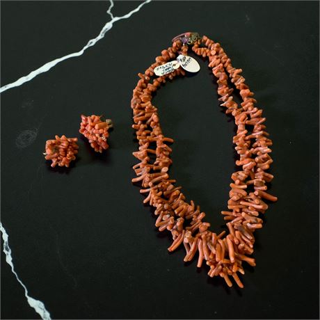 Vintage Salmon Branch Coral Necklace W/Matching Screw Back Earrings
