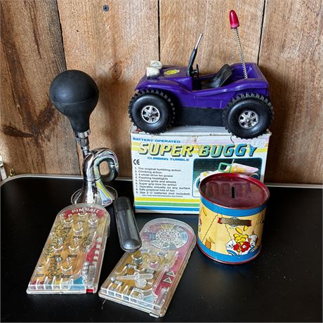 Collection of Vintage Toys with Bike Horn and Bank