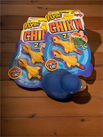 JA-RU Flyin' Chik'n 2 Pack Stretchy Rubber Chicken Toys & Blue Rubber Duck