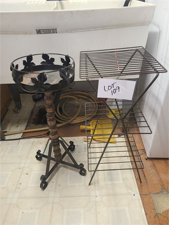 (2) Plant Stands : Metal Leaf & Wire Metal Stand