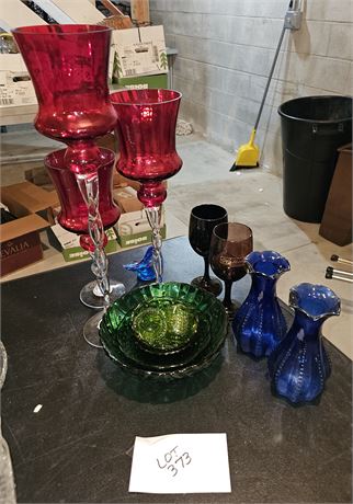 Mixed Color Glass- Cobalt Blue Indiana Glass 7" Vases, Anchor Hocking Emerald Bu