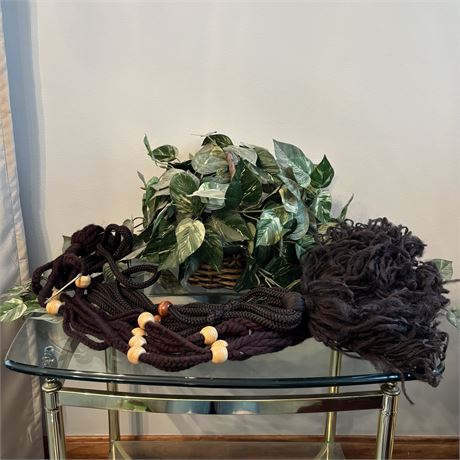 Pair of Vintage 70’s Macrame Plant Hangers & Artificial Plant