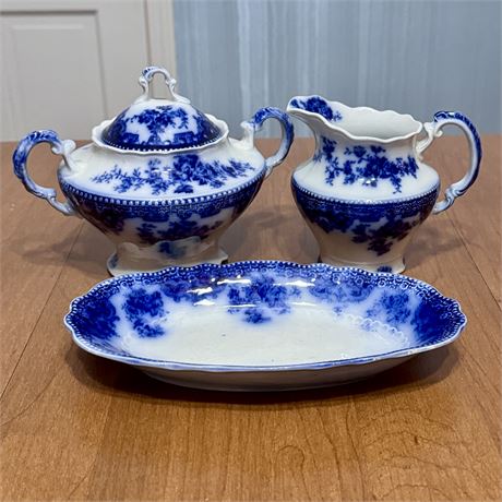 19th Century Grindley Osborne Flow Blue Creamer, Sugar and Butter Dishes