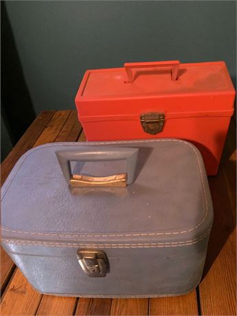 Vintage Cosmetic Travel Suitcase & Red Filing Box With Handle