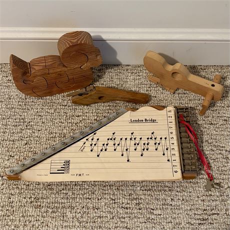 Vintage Zippy Zither Instrument and Wooden Toys Bundle