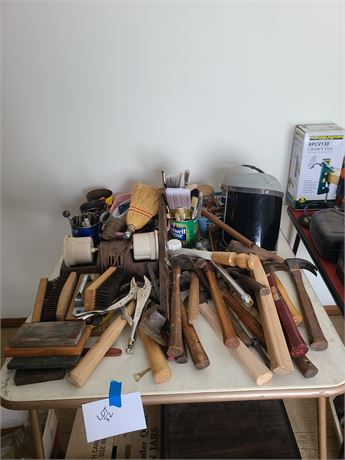Table Full of Tools: Hammers / Vise Grips / Paint Brushes / Hardware & More