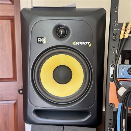 PAIR of KRK Rokit 8 Powered Studio Monitors (On left and right of rack)