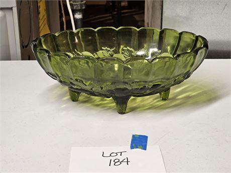 Indiana Glass Footed Avacado Green Grape & Vine Fruit Bowl