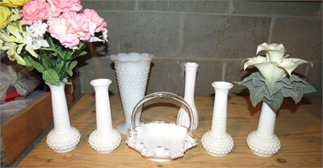 Fenton Milk Glass Basket, Vases