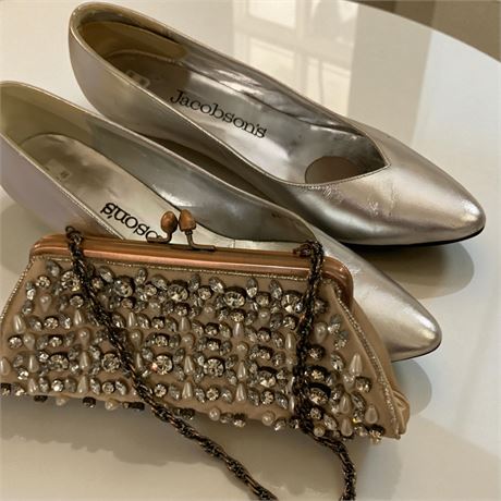 Kate Landry Beaded Clutch Evening Bag & Silver Jacobson's Pointed-Toe Pumps