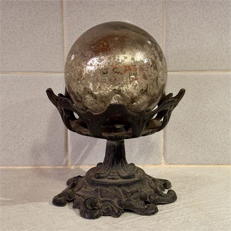 Antique Mercury Glass Tabletop Gazing Ball and Stand