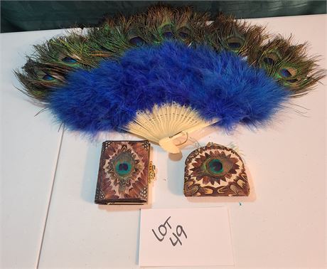 Beautiful Peacock Feather Lot: Large Ladies Hand Fan / Peacock Feather Wallet