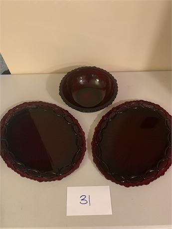 Avon Cape Cod Ruby Red Glass Serving Platters 13.5" and Serving Bowl 8.5"