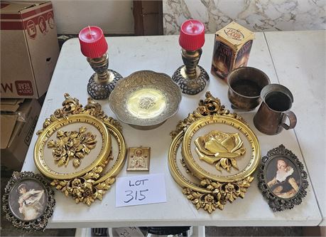 Mixed Decor- Brass Candle Holders, Dart Wall Art, Brass Bowl & More