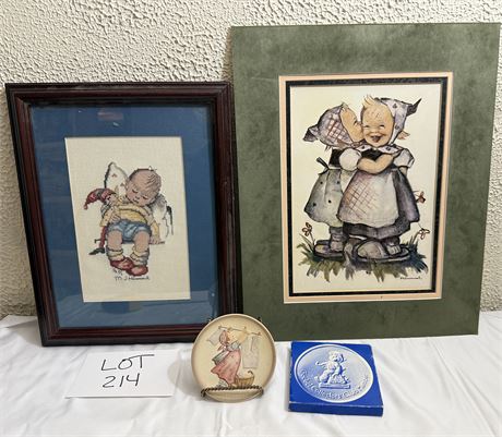 Collectible Hummel Lot Framed Needlepoint Art, Collectible Plates Unframed Print