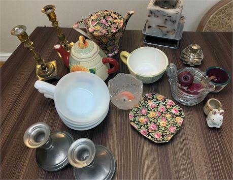 Pewter, Brass Candleholders, Royal Winton Grimwades & Bella Casa by Ganz Teapots