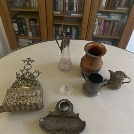 Art Nouveau Metal Inkwell & Liqueur Jug/Claret Decanter, Brass Chanukkah Menorah