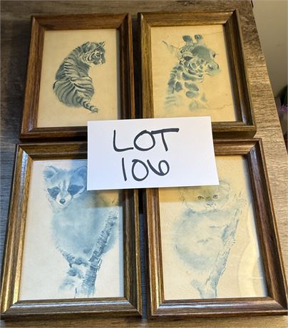 Set of 4 Framed Baby Animal Pictures Giraffe Tiger Koala Raccoon Signed Sharon
