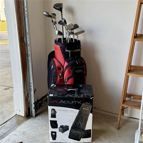 Assorted Golf Clubs, Bag & Acuity Golf Travel Cover Bag