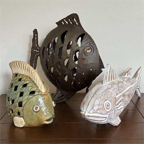 Decorative Wood, Metal and Ceramic Fish Bundle - Two Hold Votives!