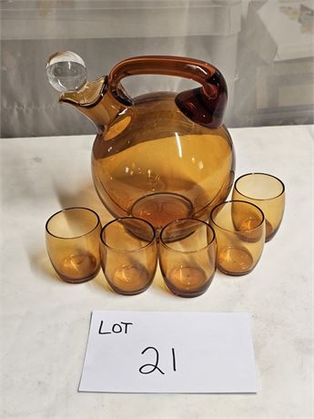 Cambridge 1930's Amber Glass Tilt Ball Pitcher & Stopper & Glasses