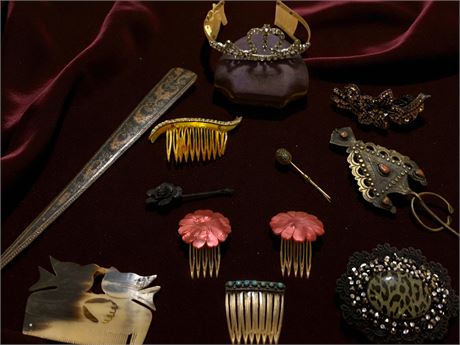 1940s Rhinestone Comb Tiara Crown, Walnut Wood Hair Slide W/Marquetry Inlay