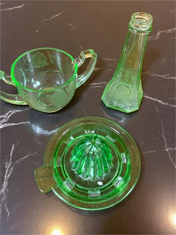 Uranium Glass Sugar Shaker, Sugar Bowl, Juicer Princess Pattern Anchor Hocking