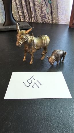 Antique Metal Cast Donkey Bank & Metal Buffalo Paper Weight