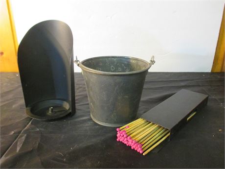 3 Piece Black Iron Tin ware Fireplace Candle Match Safe & Ash Pail