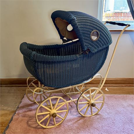 Antique Wicker Baby Pram Carriage Buggy - Full Size
