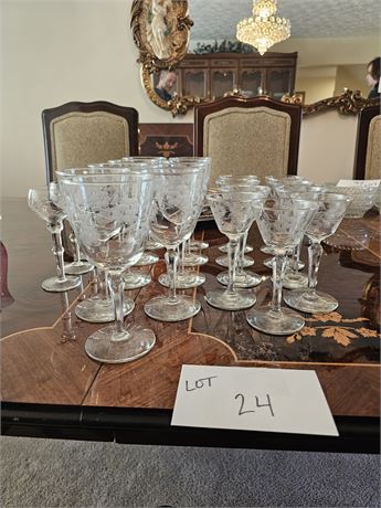 Floral Etched Stemmed Wine / Cordail & Sherry Glasses