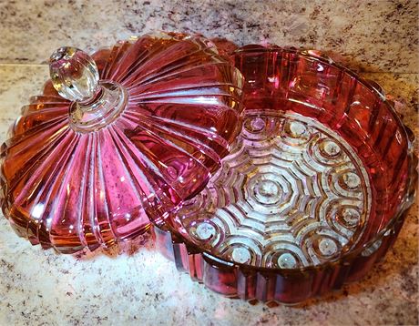 Vintage Anchor Hocking Cranberry Covered Candy Dish