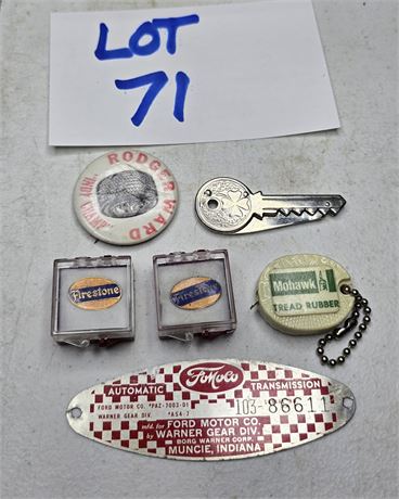 Vintage Automobilia  Ford-O-Matic Transmission Tag, Mohawk Tire Keychain & Fires