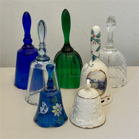Mixed Collectible Bells Lot of 7 with Fenton Art Glass, Porcelain & More