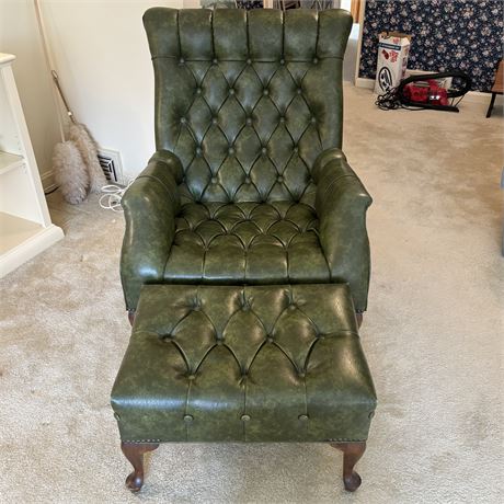 1970's The Original Sleepy Hollow Leather Tufted Chair and Ottoman
