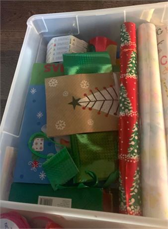 Wrapping Paper Rolls, Holiday Bags, Ribbon In Plastic Storage Bin