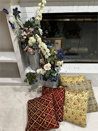 Throw pillows and Faux Floral Arrangements in Vases