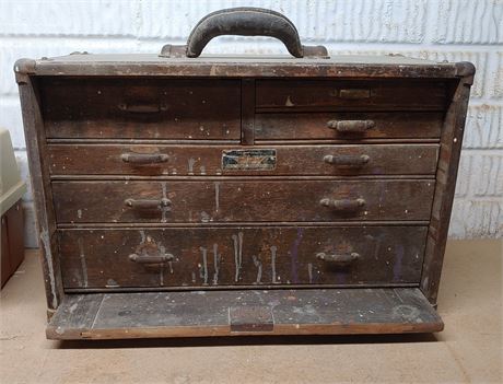 Vintage Wooden Union Steel Chest Corp. Tool Box w/Tools