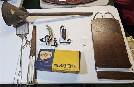 Mixed Vintage Lot:Laundry Agitator / Old Fly Swatter / Wallpaper Tool Kit & More