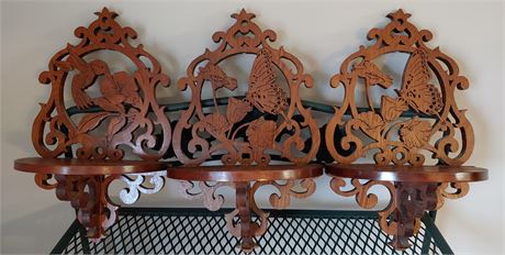 Intricately Hand Carved Wooden Wall Shelves Set of 3